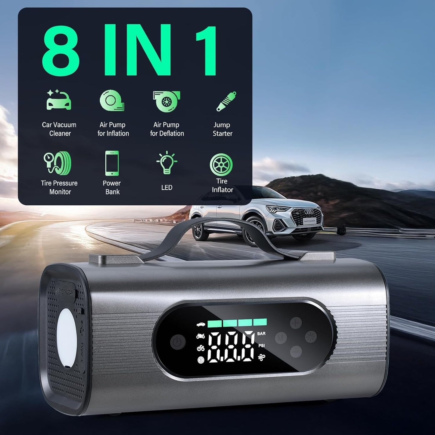 Newest 8 In 1 Portable Car Battery Starter With Air Compressor, Car  Wireless Vacuum Cleaner 150PSI Car Battery Starter 12V With Large LCD Display