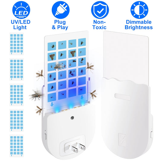 1Set Plug In Indoor Flying Insect Trap 5 Glue Boards UV Light Mosquito Killer With Night Light Dimmable Brightness Fly Odorless Safe Bug Zapper For Gnat Moth Fruit Fly