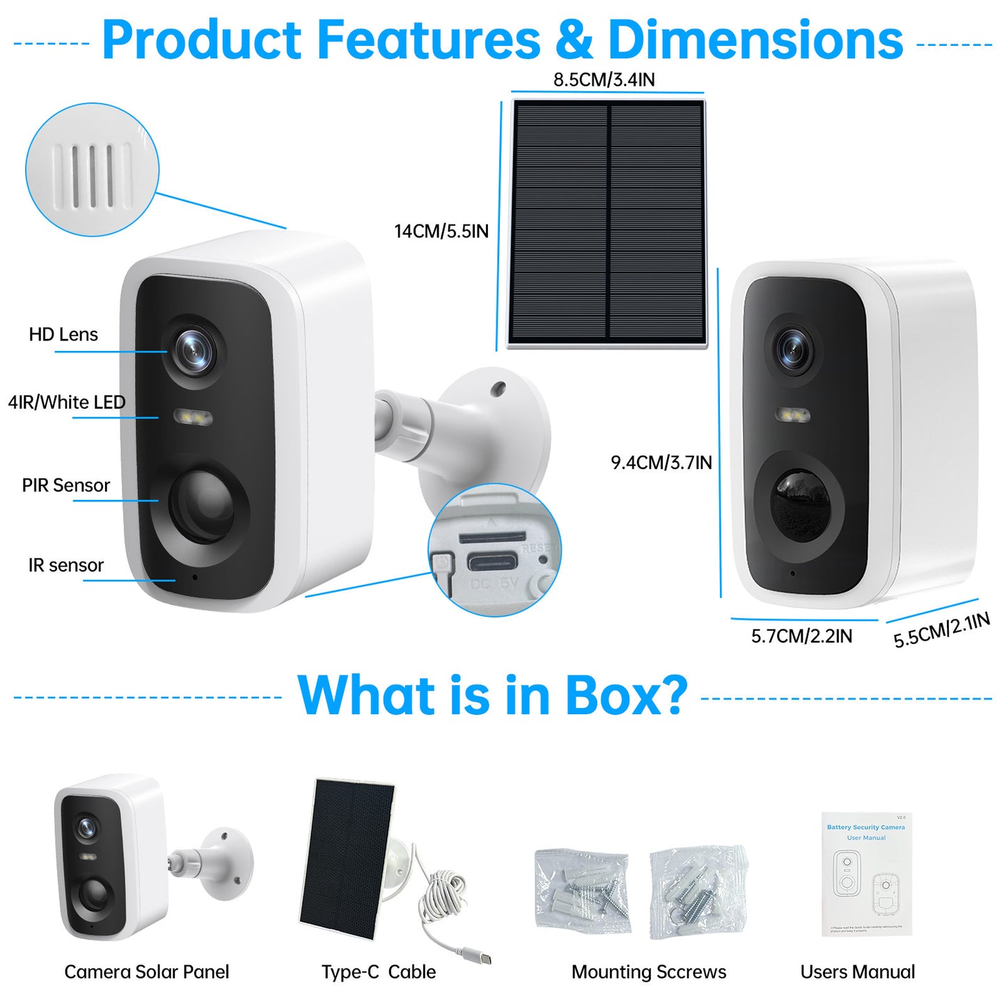 Solar Battery WIFI Camera 2K Human Detection Waterproof Mini CCTV With 5000mAh Battery With Solar Panel